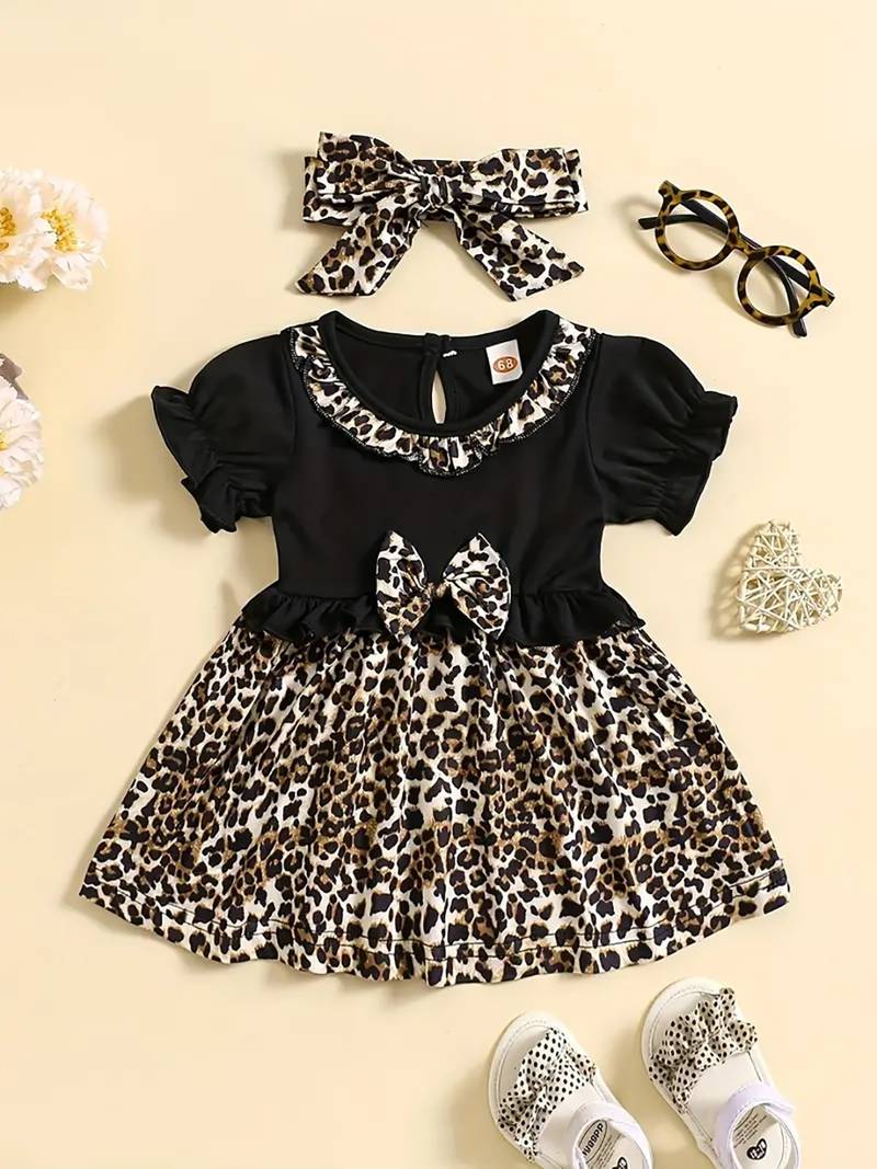 Black leopard print bow detailed fit & flare girls dress