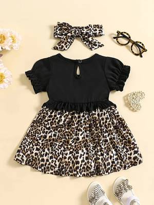 Black leopard print bow detailed fit & flare girls dress 2