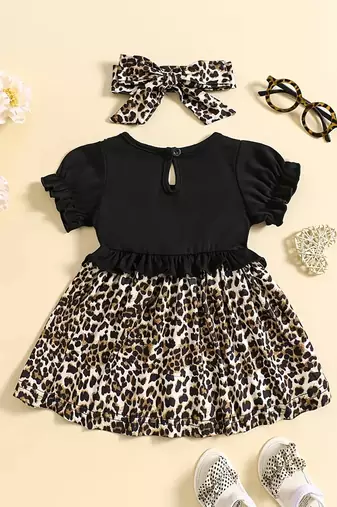 Black leopard print bow detailed fit & flare girls dress