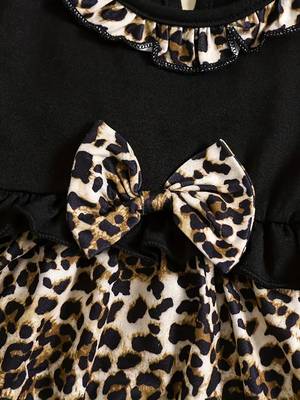 Black leopard print bow detailed fit & flare girls dress 3