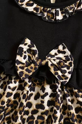 Black leopard print bow detailed fit & flare girls dress