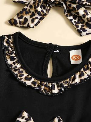Black leopard print bow detailed fit & flare girls dress 4