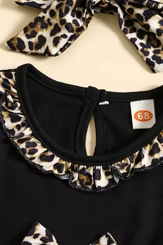 Black leopard print bow detailed fit & flare girls dress