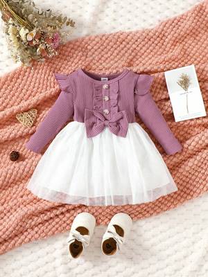 Purple ribbed knit bow tulle party dress for girls 1