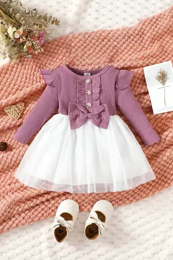 Purple ribbed knit bow tulle party dress for girls