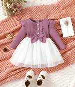 Purple ribbed knit bow tulle party dress for girls