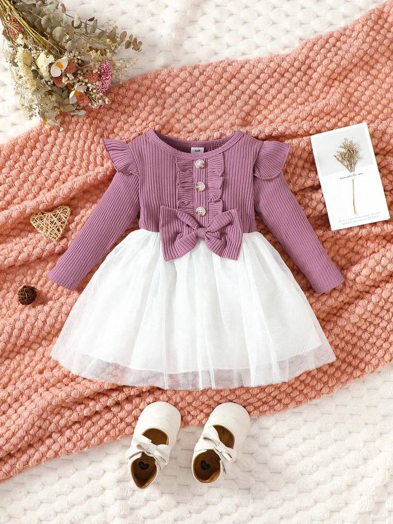 Purple ribbed knit bow tulle party dress for girls