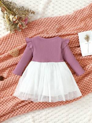Purple ribbed knit bow tulle party dress for girls 2