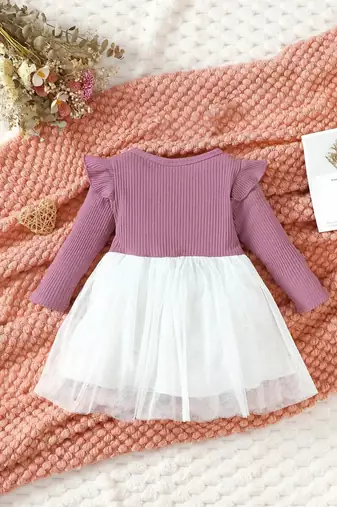 Purple ribbed knit bow tulle party dress for girls