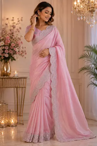 pink embroidered designer shimmer chiffon saree with scalloped border