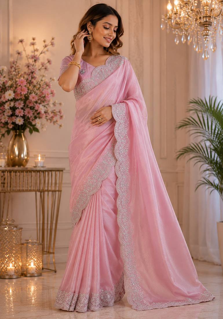 pink embroidered designer shimmer chiffon saree with scalloped border