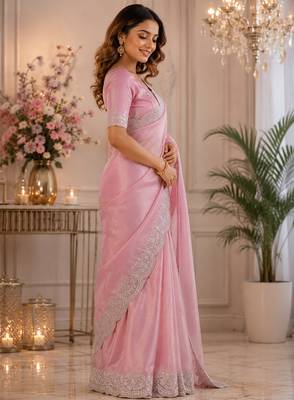 pink embroidered designer shimmer chiffon saree with scalloped border 3