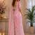 pink embroidered designer shimmer chiffon saree with scalloped border