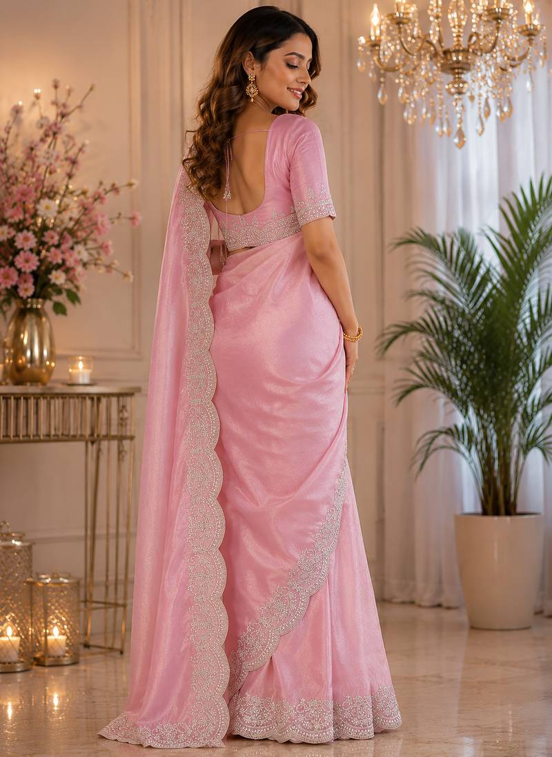 pink embroidered designer shimmer chiffon saree with scalloped border
