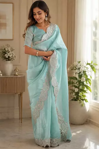 sky blue embroidered designer shimmer chiffon saree with scalloped border