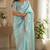 sky blue embroidered designer shimmer chiffon saree with scalloped border