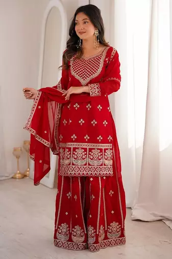 Red color zari dori sequence & thread embroidered work foux georgette sharara set