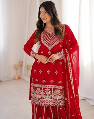 Red zari dori sequence & thread embroidered work foux georgette sharara set 5