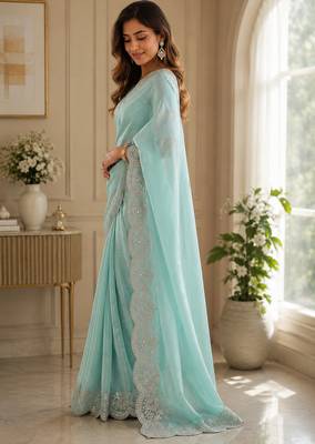 sky blue embroidered designer shimmer chiffon saree with scalloped border 3