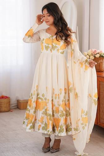 White-yellow color flower printed orgenza silk anarkali set