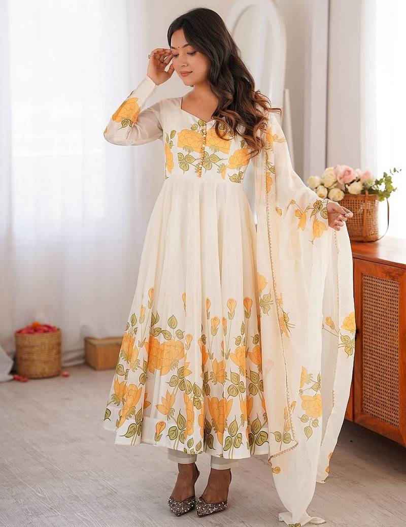 White-yellow color flower printed orgenza silk anarkali set