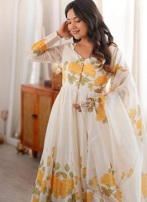 White-yellow flower printed orgenza silk anarkali set 3