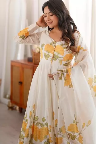 White-yellow color flower printed orgenza silk anarkali set