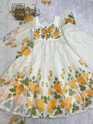 White-yellow flower printed orgenza silk anarkali set 5