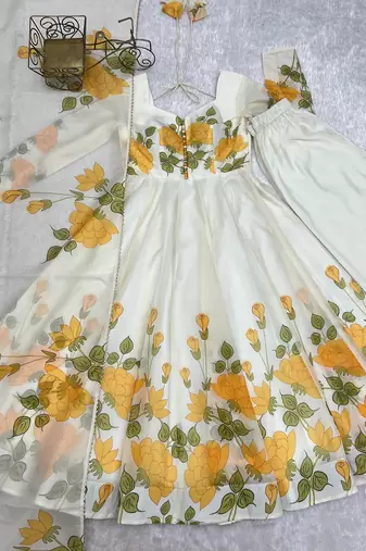 White-yellow color flower printed orgenza silk anarkali set