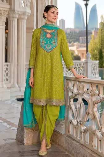 Green embroderied silk blend stitched dhoti suit