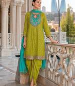 Green embroderied silk blend stitched dhoti suit