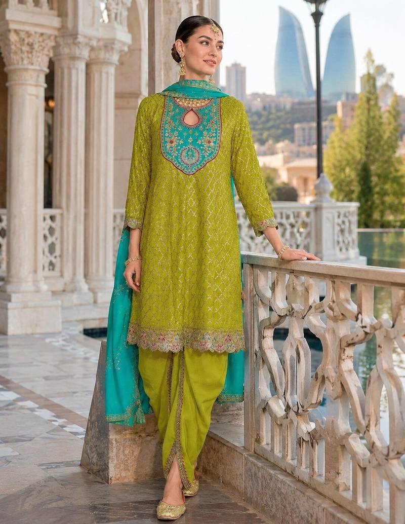 Green embroderied silk blend stitched dhoti suit