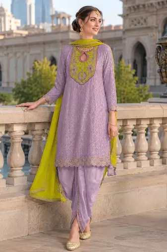 Lavender embroderied silk blend stitched dhoti suit