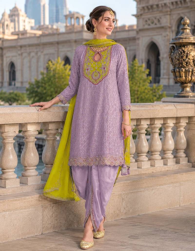 Lavender embroderied silk blend stitched dhoti suit