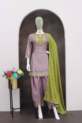 Lavender embroderied silk blend stitched dhoti suit 2