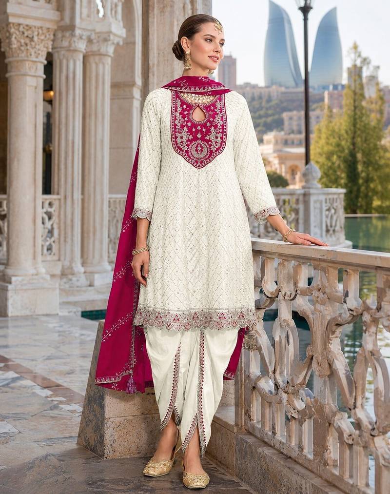 Mehndi embroderied silk blend stitched dhoti suit