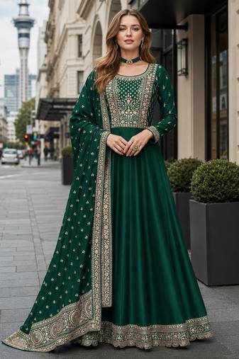 Green designer embroidered heavy silk blend anarkali suit
