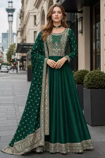 Green designer embroidered heavy silk blend anarkali suit