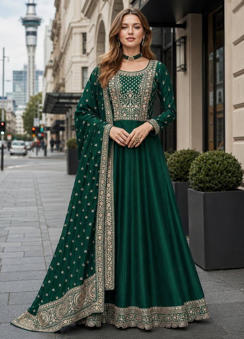 Green designer embroidered heavy silk blend anarkali suit