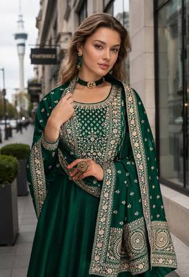 Green designer embroidered heavy silk blend anarkali suit 2