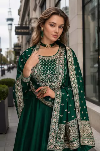 Green designer embroidered heavy silk blend anarkali suit