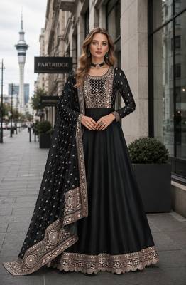 Black designer embroidered heavy silk blend anarkali suit 1