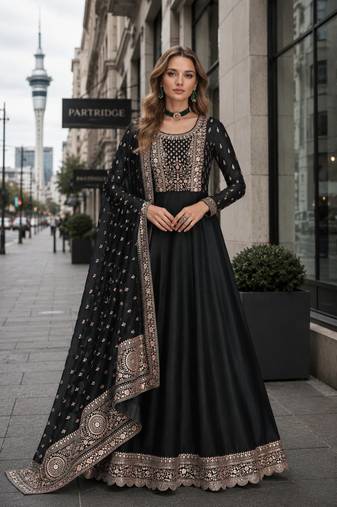 Black designer embroidered heavy silk blend anarkali suit