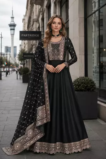 Black designer embroidered heavy silk blend anarkali suit