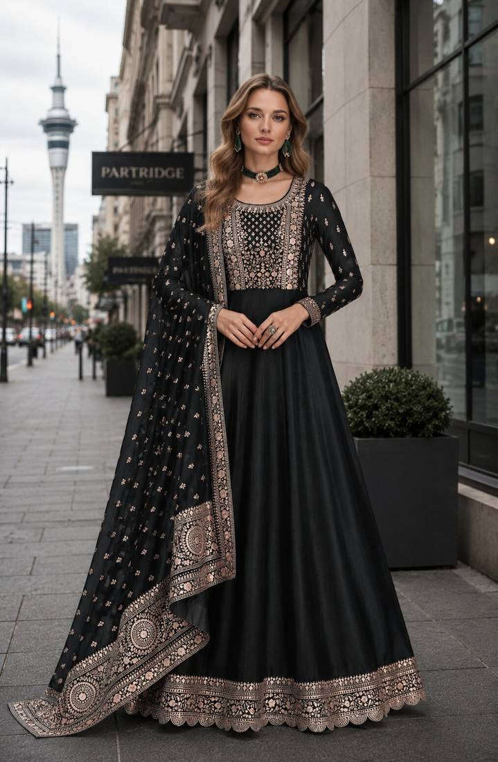 Black designer embroidered heavy silk blend anarkali suit