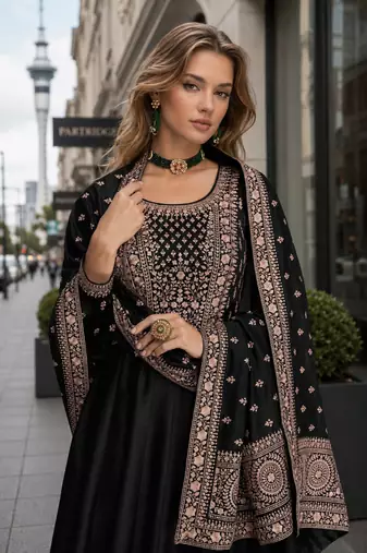 Black designer embroidered heavy silk blend anarkali suit