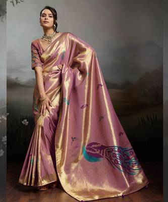 Pink colour banarasi jacquard meenakari wedding saree 1