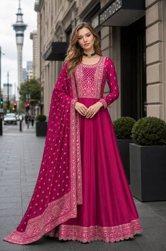 Pink designer embroidered heavy silk blend anarkali suit