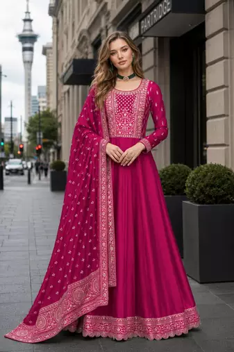 Pink designer embroidered heavy silk blend anarkali suit