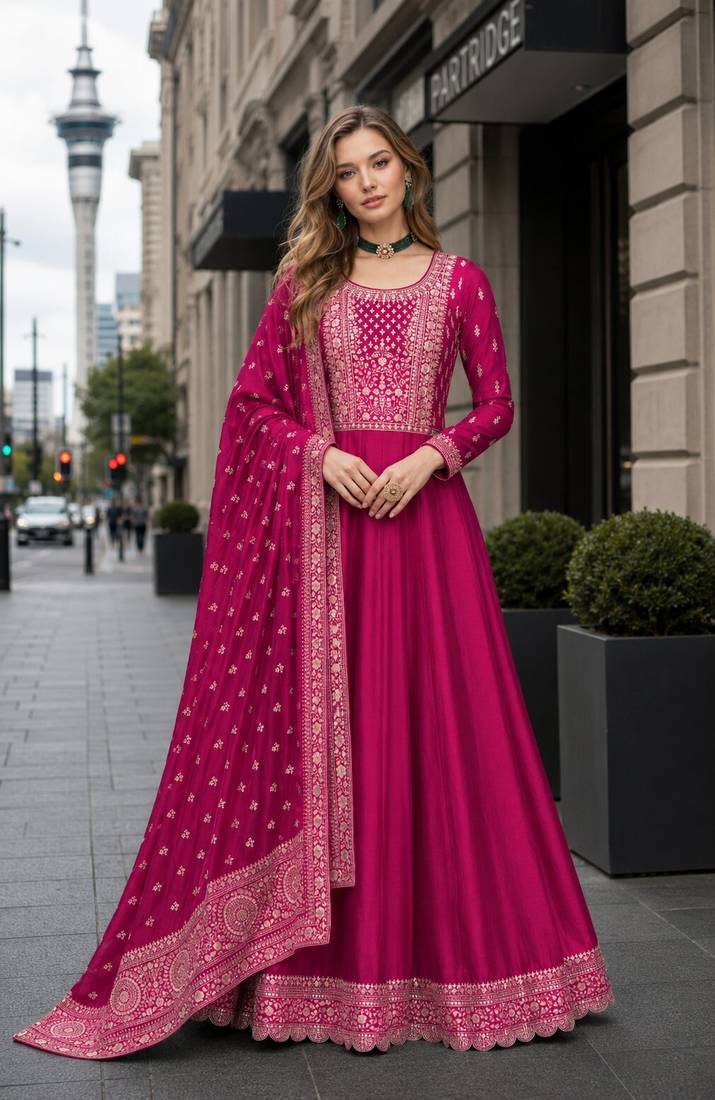 Pink designer embroidered heavy silk blend anarkali suit